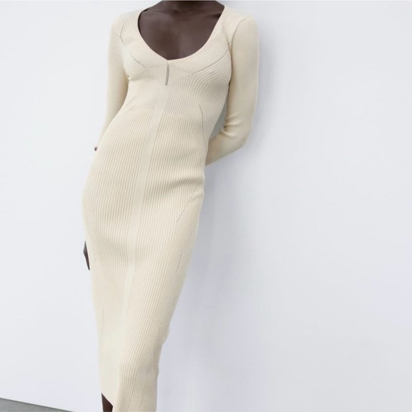 Zara Dresses & Skirts - Rare Zara Ecru Ribbed Knit Midi Dress Sculpting Long Sleeve Bodycon Cream Beige
